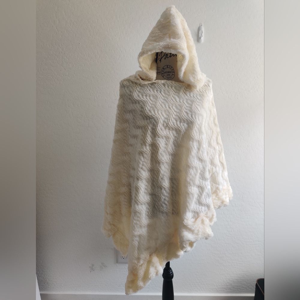 Cream Ivory Women's asymmetric Cozy Warm Knit Shawl hooded poncho Sweater_OS